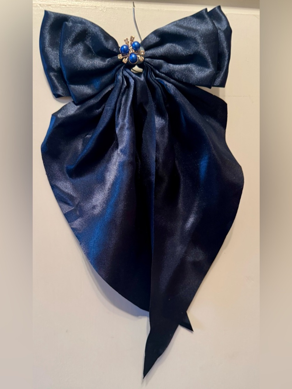 Satin Bow with Long Tails and  Jewel Center Hair Clip